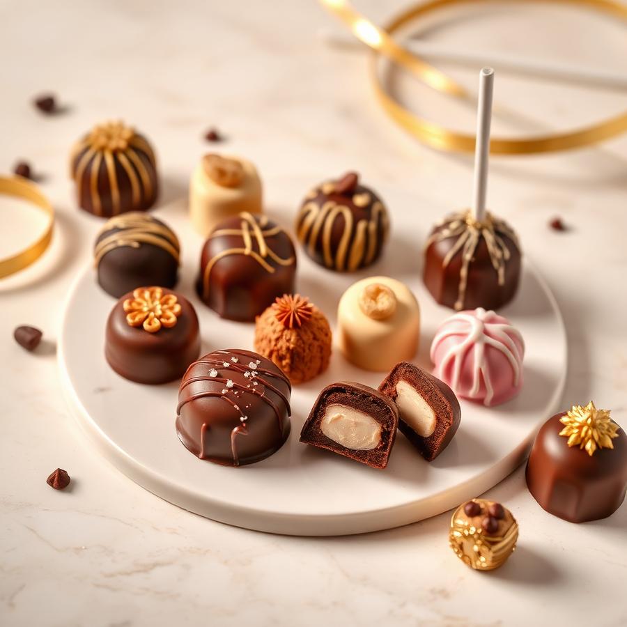 Doces finos de chocolate com detalhes dourados